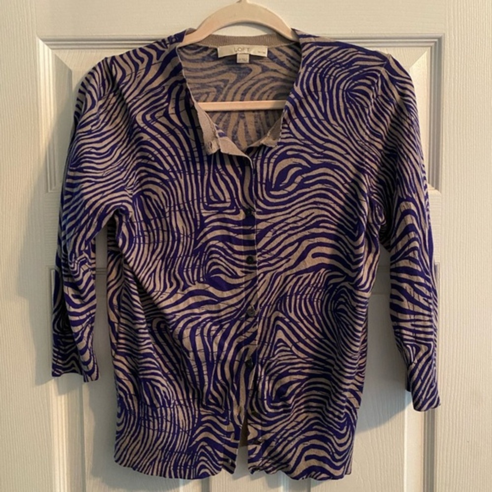 Loft Zebra Print Long Sleeve Button Up Cardigan Sweater Women's Sz Large Petite